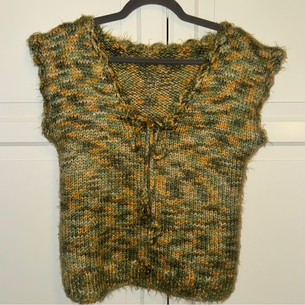 Vintage Green and Yellow European Hand-Knit Sweater Vest - size M